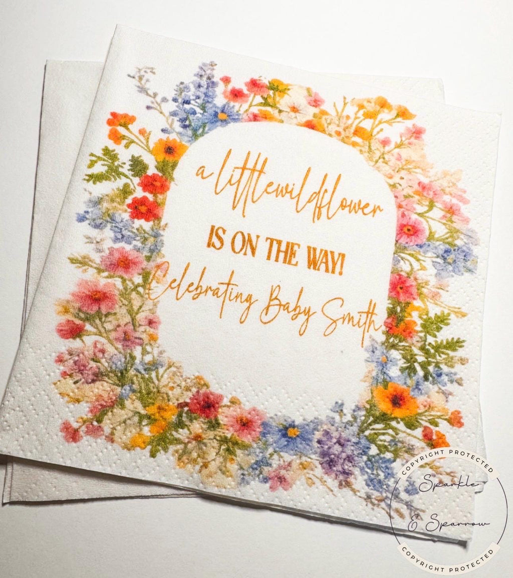 A Little Wildflower is on the Way Baby Shower Spring Summer Wildflower Floral Baby Shower Cocktail, Luncheon or Dinner Napkins Set of 25