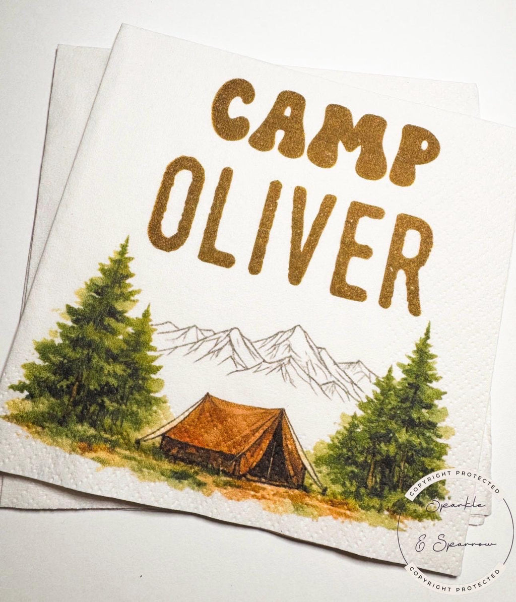 Camp Birthday Camping Birthday Party Summer Camp Birthday Woodland Personalized Birthday Cocktail or Luncheon Napkins, Set of 25