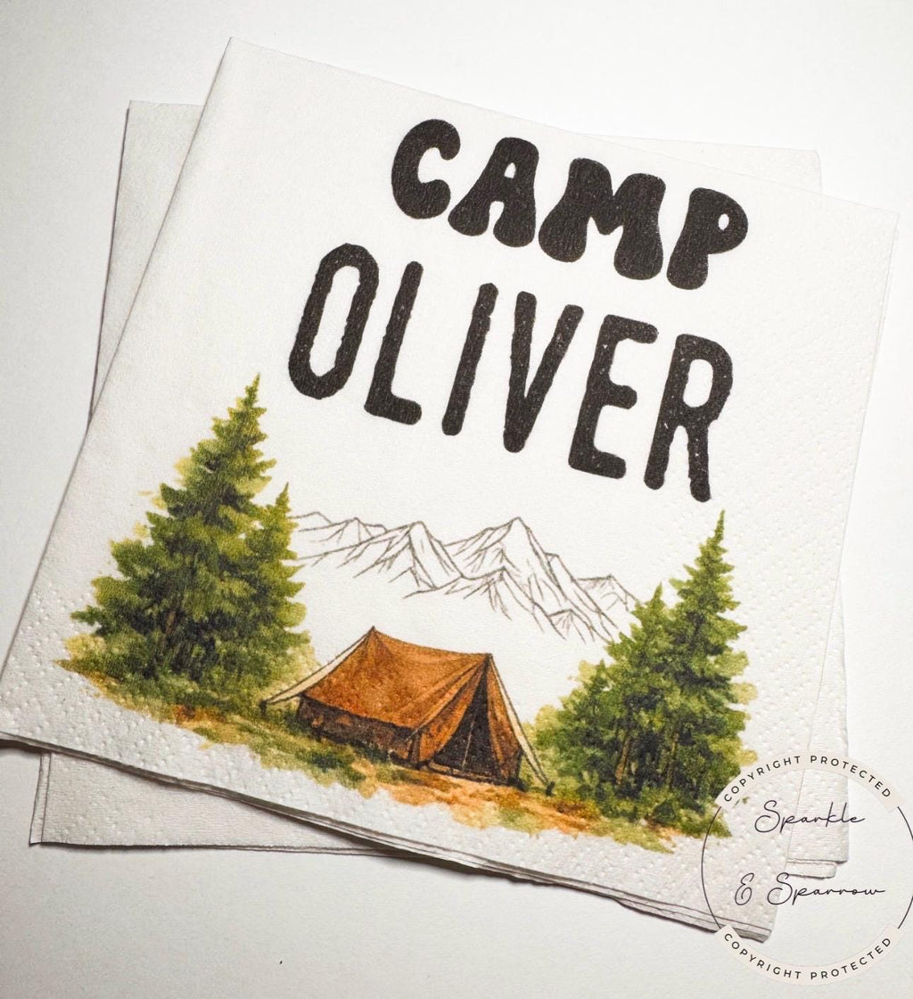 Camp Birthday Camping Birthday Party Summer Camp Birthday Woodland Personalized Birthday Cocktail or Luncheon Napkins, Set of 25