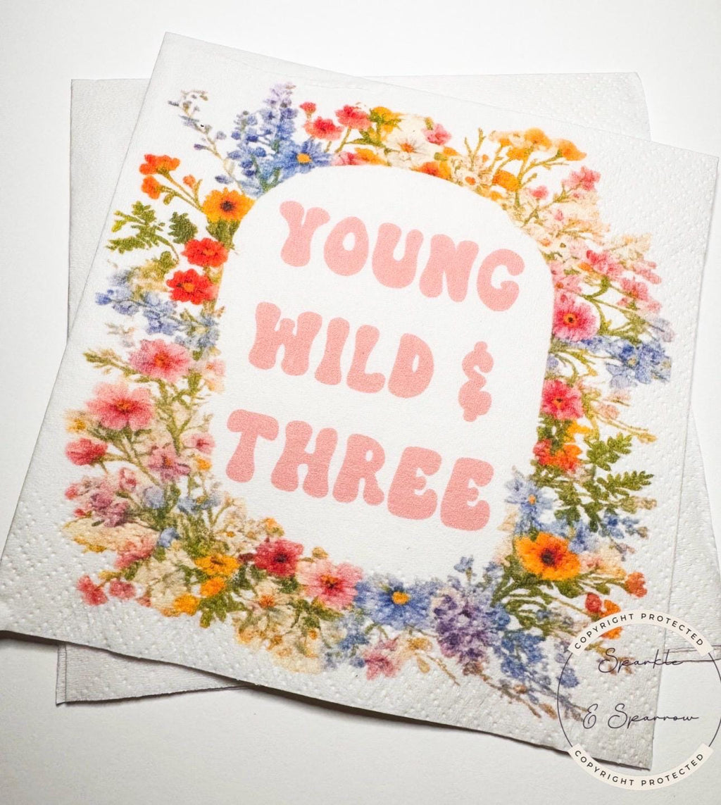 Young Wild and Three Wildflower 3rd Birthday Spring Summer Wildflower Floral Third Birthday Cocktail, Luncheon or Dinner Napkins Set of 25
