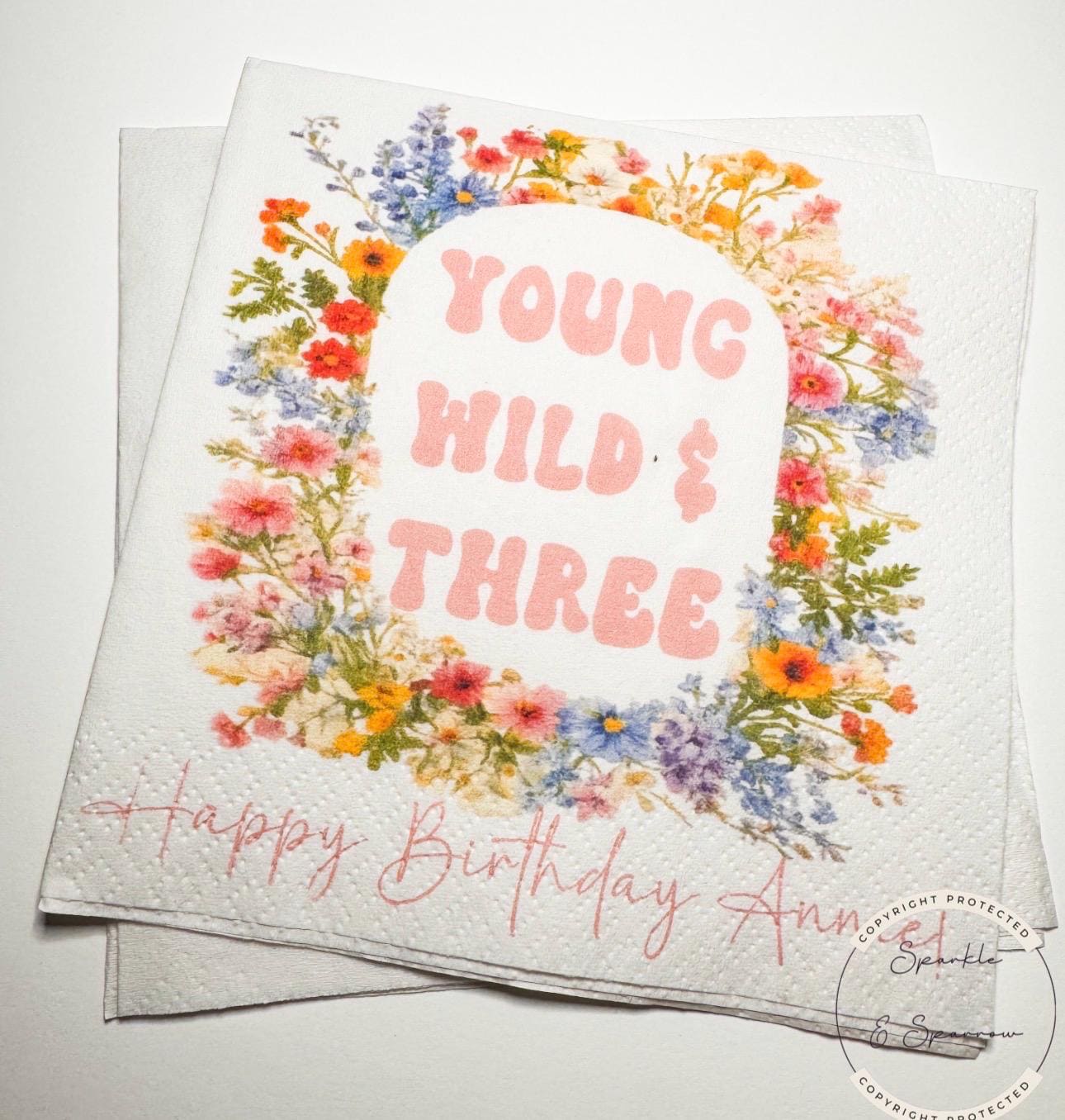 Young Wild and Three Wildflower 3rd Birthday Spring Summer Wildflower Floral Personalized Cocktail, Luncheon or Dinner Napkins Set of 25