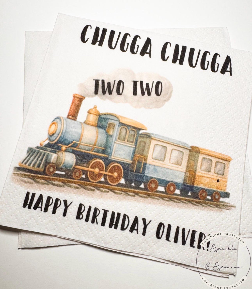 Chugga Chugga Two Two Train 2nd Birthday Train Birthday Party Second Bday Train Personalized Cocktail, Luncheon or Dinner Napkins Set of 25