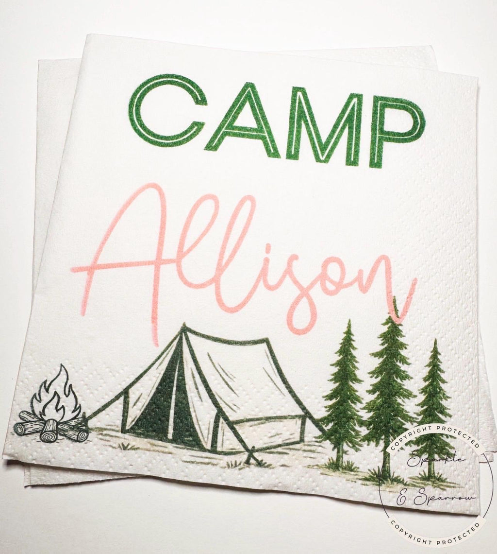 Camp Birthday Camping Birthday Party Summer Camp Birthday Woodland Personalized Birthday Cocktail or Luncheon Napkins, Set of 25