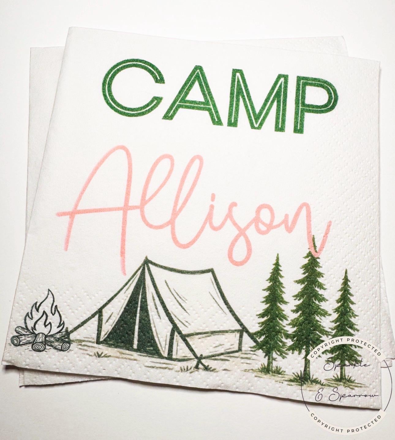 Camp Birthday Camping Birthday Party Summer Camp Birthday Woodland Personalized Birthday Cocktail or Luncheon Napkins, Set of 25