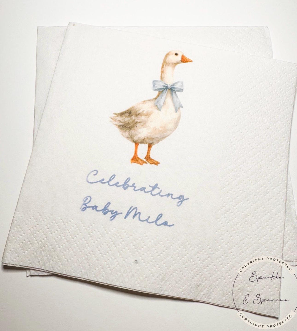 Goose Baby Shower Silly Goose is on the Way Blue Bow Goose Baby Goose Loose Personalized Cocktail, Luncheon or Dinner Napkins Set of 25