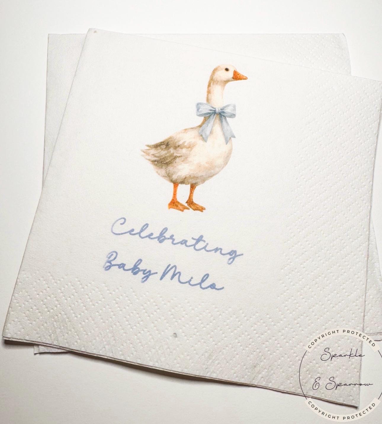 Goose Baby Shower Silly Goose is on the Way Blue Bow Goose Baby Goose Loose Personalized Cocktail, Luncheon or Dinner Napkins Set of 25
