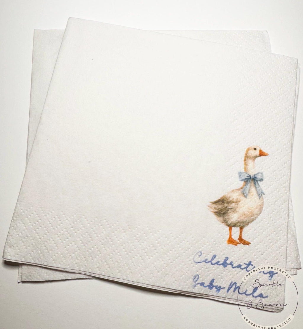 Goose Baby Shower Silly Goose is on the Way Blue Bow Goose Baby Goose Loose Personalized Cocktail, Luncheon or Dinner Napkins Set of 25