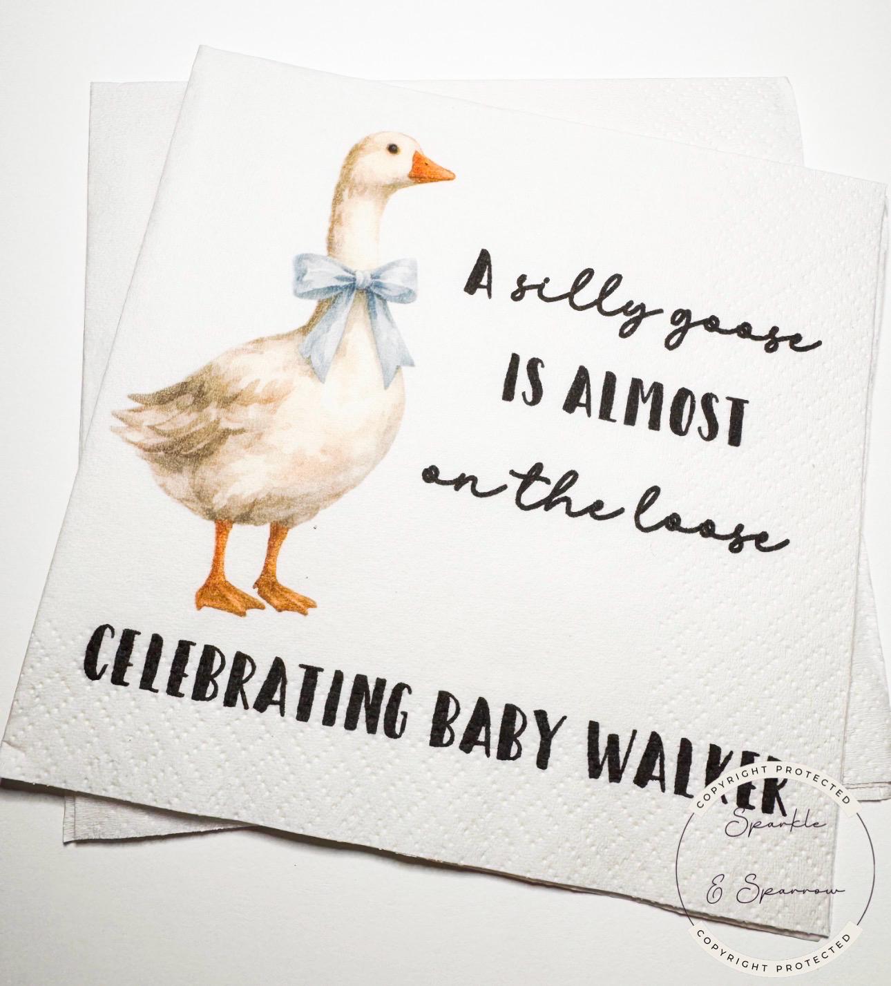 Goose Baby Shower Silly Goose is on the Way Blue Bow Goose Baby Goose Loose Personalized Cocktail, Luncheon or Dinner Napkins Set of 25