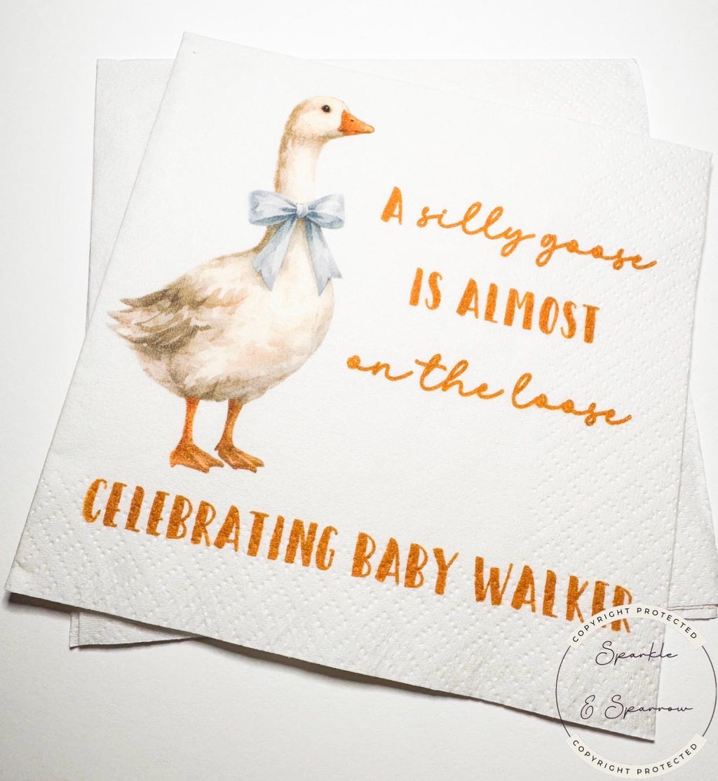 Goose Baby Shower Silly Goose is on the Way Blue Bow Goose Baby Goose Loose Personalized Cocktail, Luncheon or Dinner Napkins Set of 25