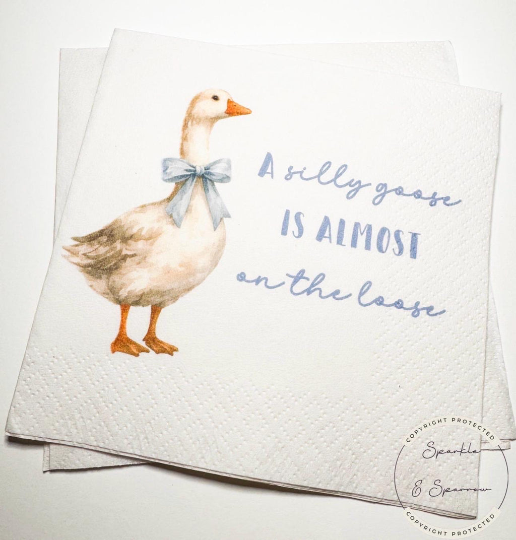Goose Baby Shower Silly Goose is almost on the Loose Blue Bow Goose Baby Shower Cocktail, Luncheon or Dinner Napkins Set of 25