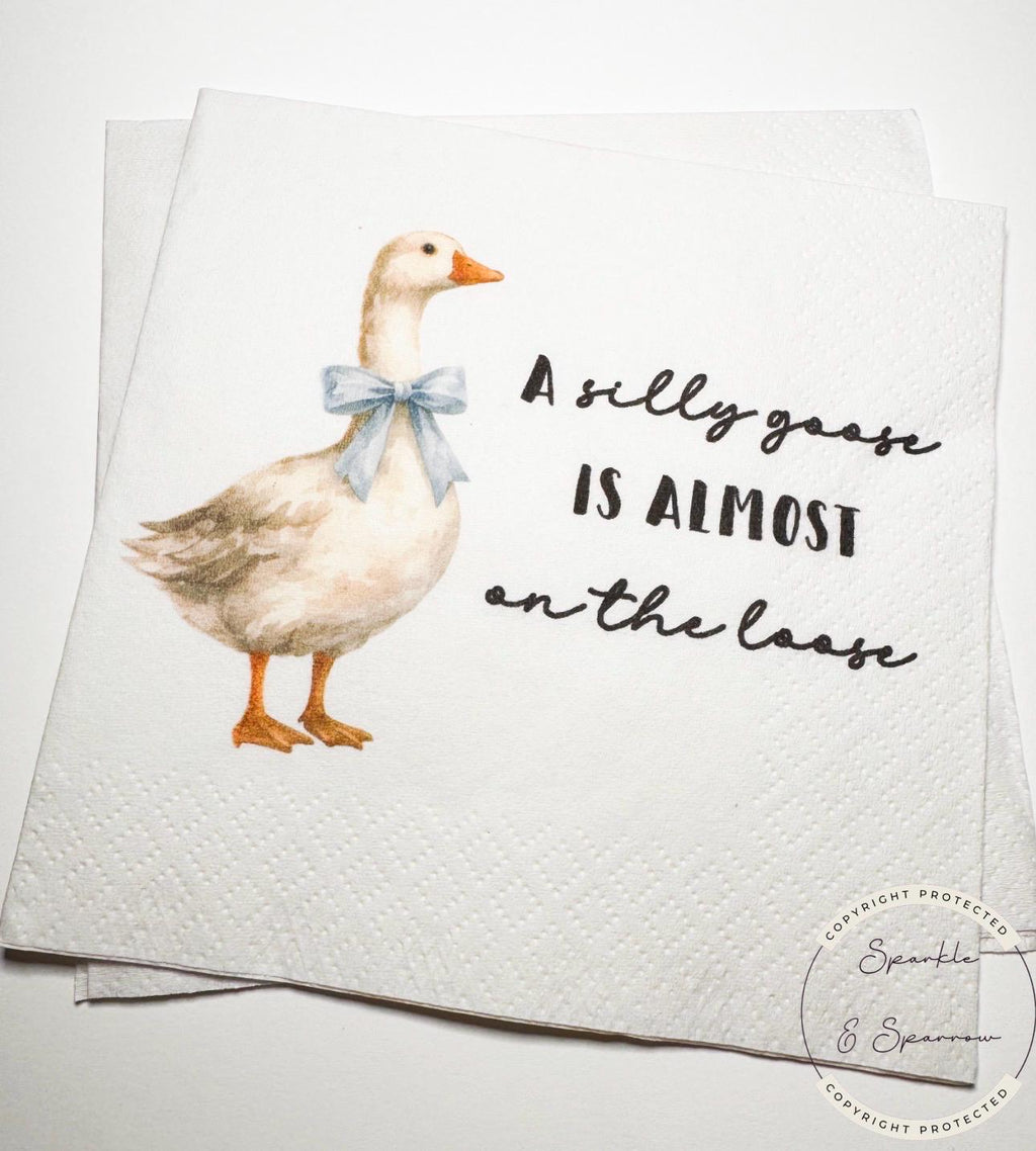 Goose Baby Shower Silly Goose is almost on the Loose Blue Bow Goose Baby Shower Cocktail, Luncheon or Dinner Napkins Set of 25
