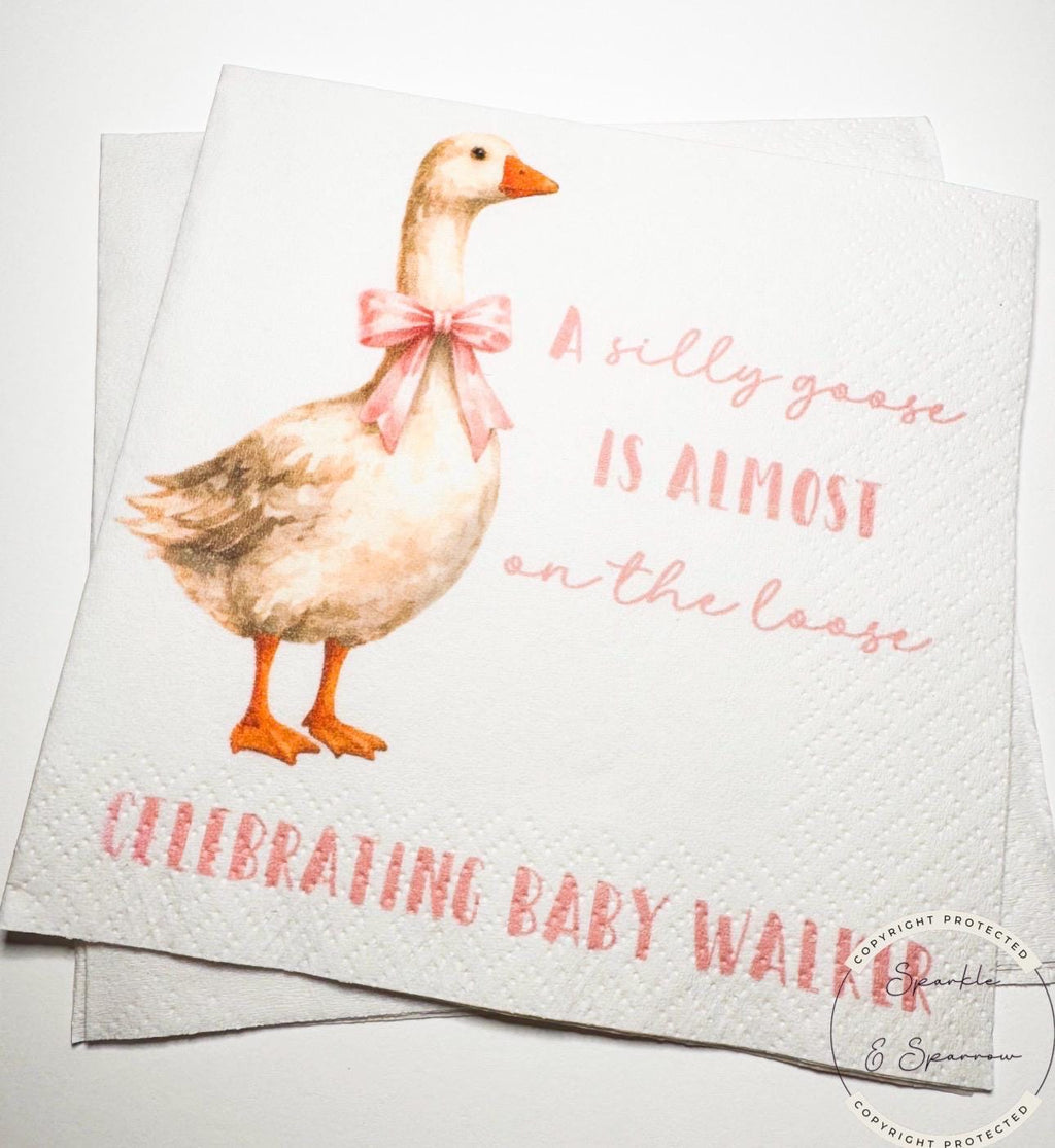 Goose Baby Shower Silly Goose is on the Way Pink Bow Goose Baby Goose Loose Personalized Cocktail, Luncheon or Dinner Napkins Set of 25