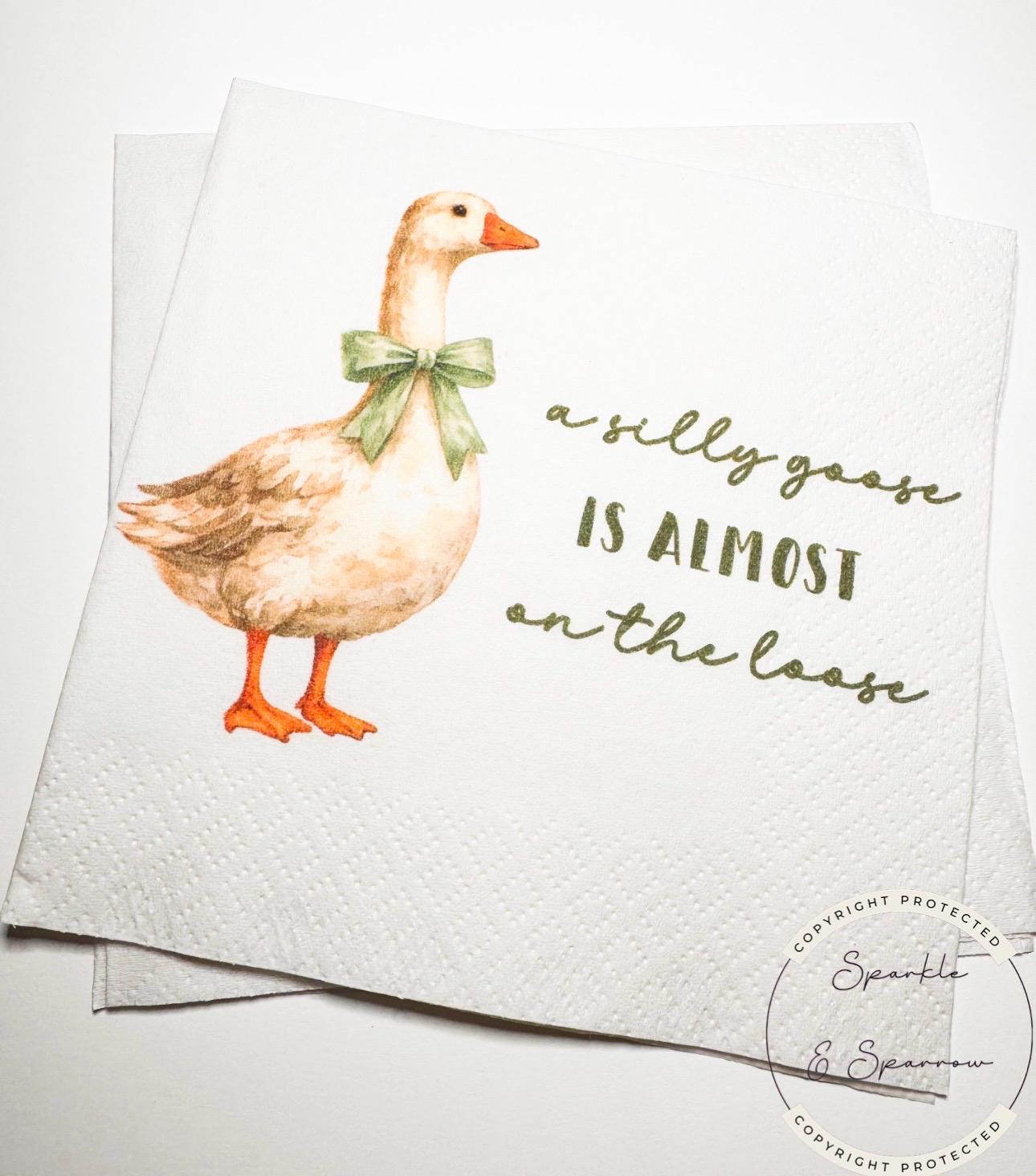 Goose Baby Shower Silly Goose is almost on the Loose Green Bow Goose Neutral Baby Shower Cocktail, Luncheon or Dinner Napkins Set of 25
