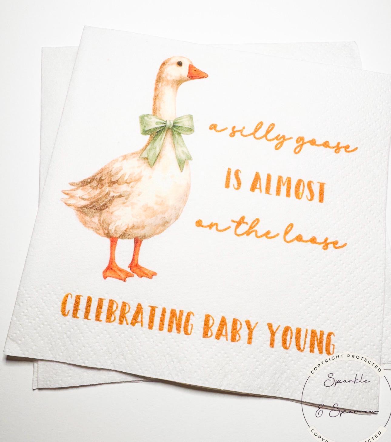 Goose Baby Shower Silly Goose is on the Way Green Bow Goose Baby Goose Loose Personalized Cocktail, Luncheon or Dinner Napkins Set of 25