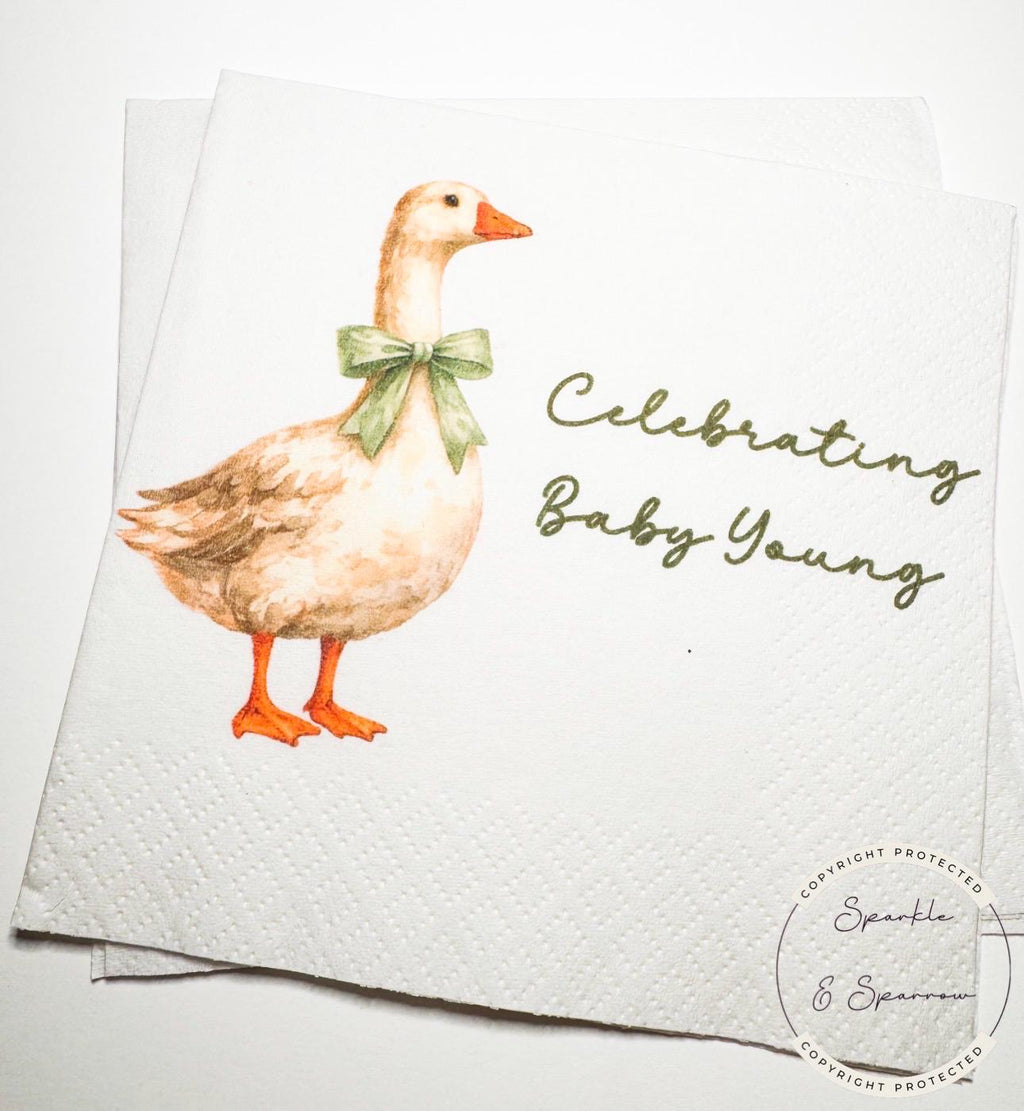 Goose Baby Shower Silly Goose is on the Way Green Bow Goose Baby Goose Loose Personalized Cocktail, Luncheon or Dinner Napkins Set of 25