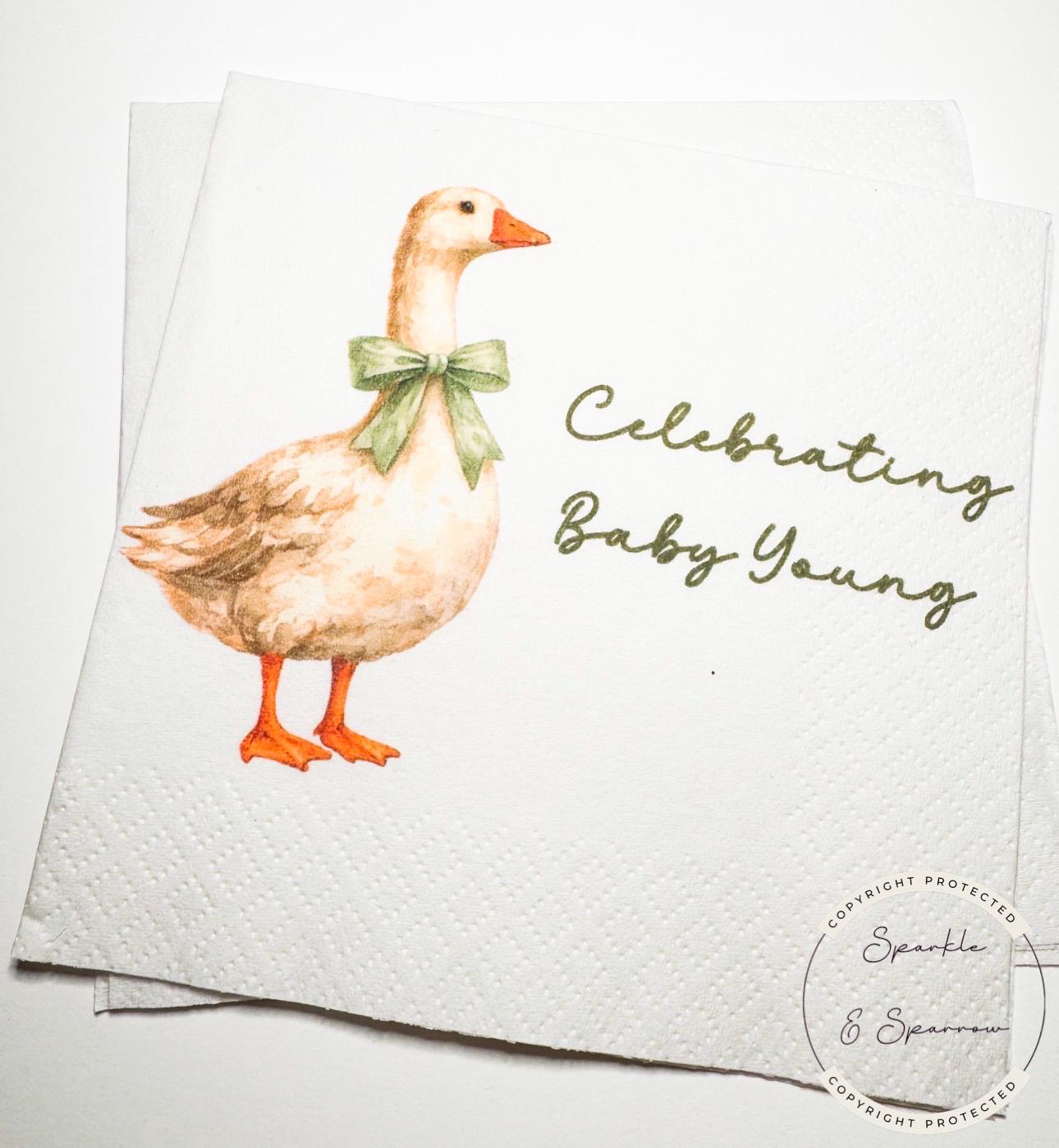 Goose Baby Shower Silly Goose is on the Way Green Bow Goose Baby Goose Loose Personalized Cocktail, Luncheon or Dinner Napkins Set of 25