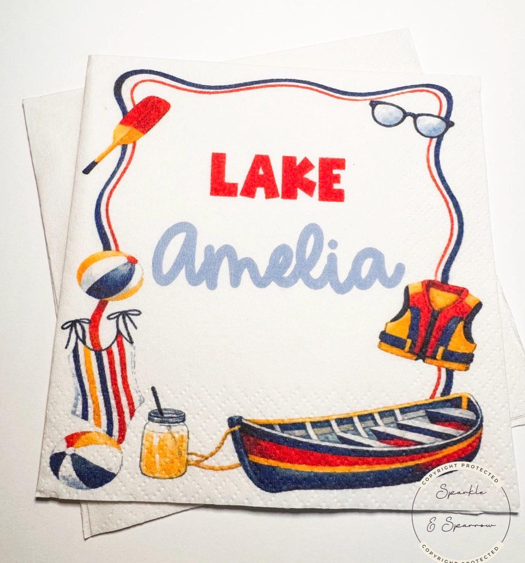 Lake Birthday Summer Birthday Party Navy Blue Red Lake Summer Birthday Party Personalized Cocktail, Luncheon or Dinner Napkins Set of 25