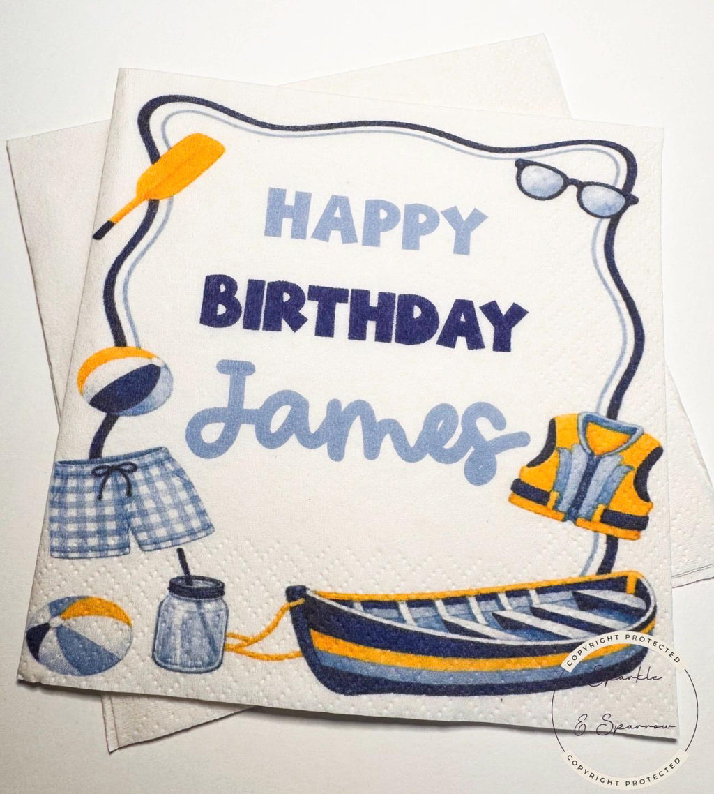 Lake Birthday Summer Birthday Party Navy Blue Yellow Lake Summer Birthday Party Personalized Cocktail, Luncheon or Dinner Napkins Set of 25