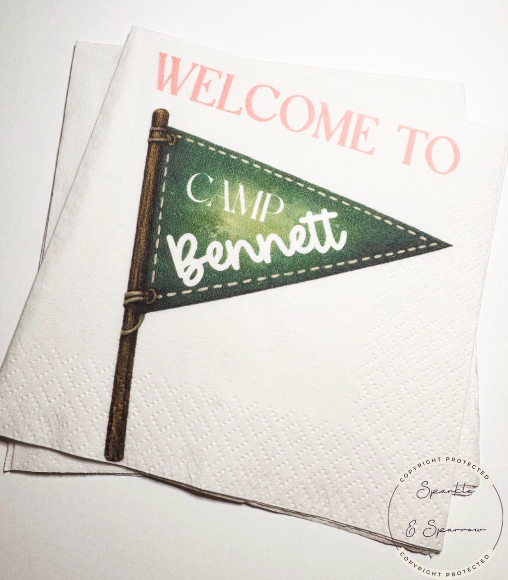 Camp Birthday Camping Birthday Party Summer Camp Birthday Woodland Personalized Birthday Cocktail or Luncheon Napkins, Set of 25