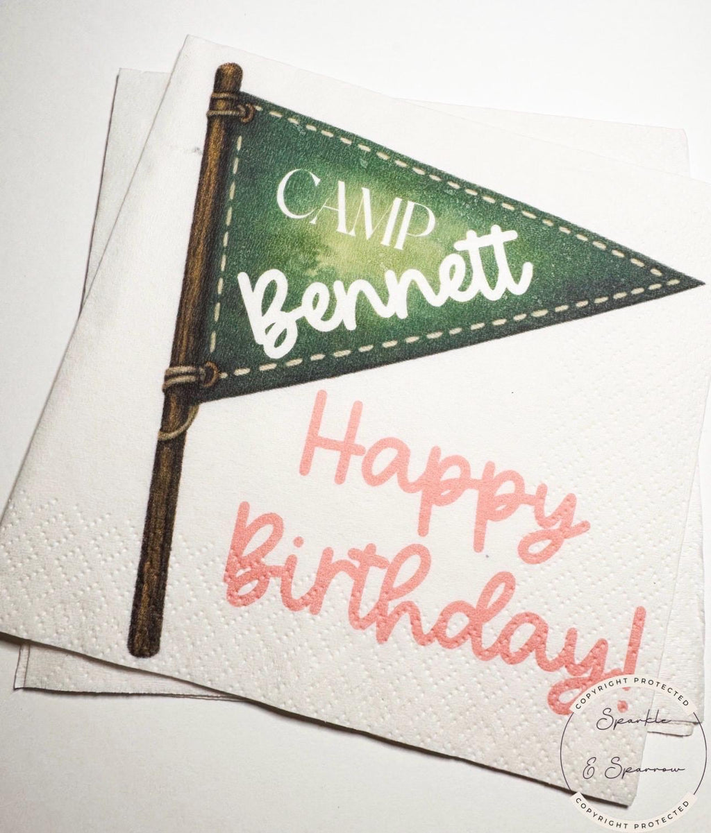 Camp Birthday Camping Birthday Party Summer Camp Birthday Woodland Personalized Birthday Cocktail or Luncheon Napkins, Set of 25