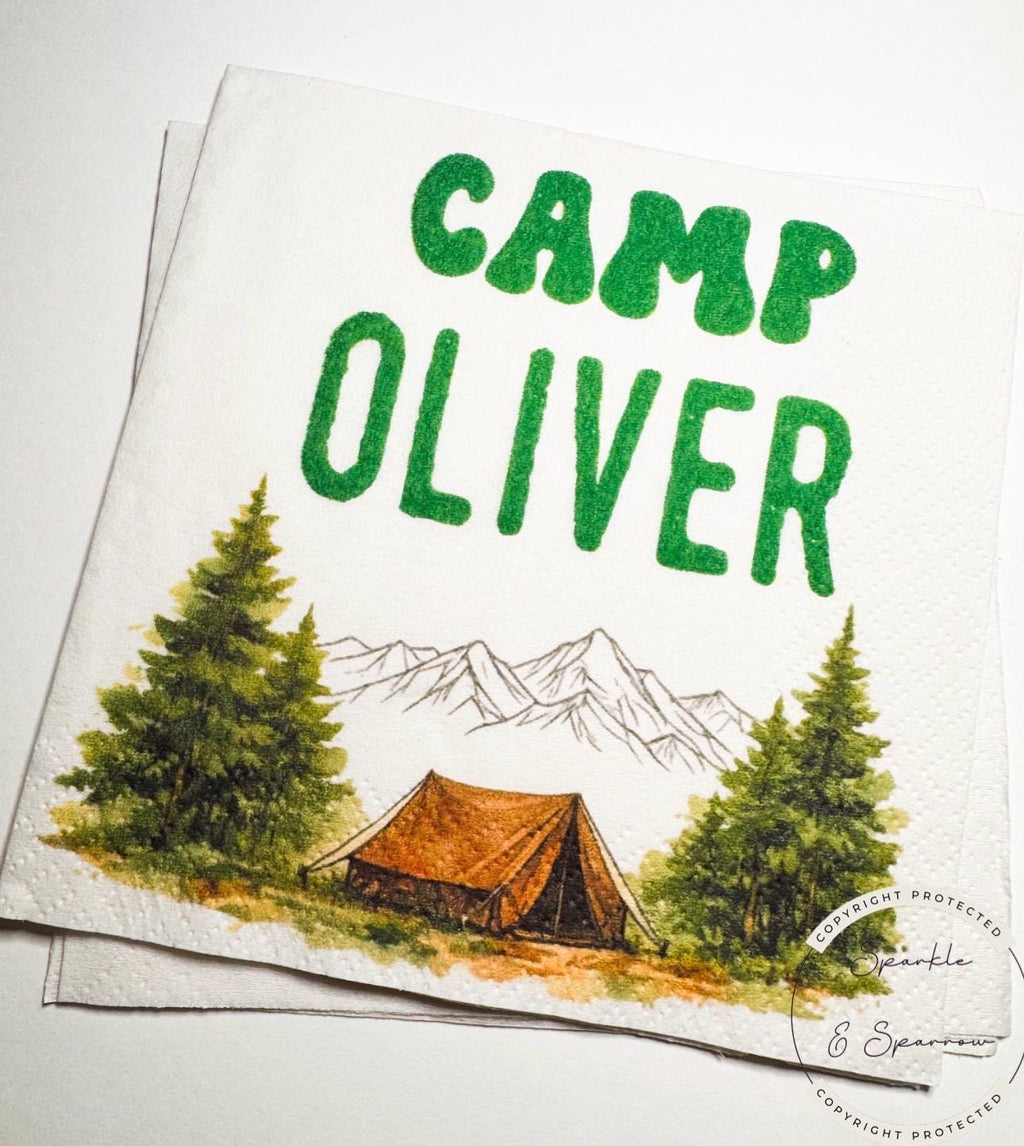Camp Birthday Camping Birthday Party Summer Camp Birthday Woodland Personalized Birthday Cocktail or Luncheon Napkins, Set of 25