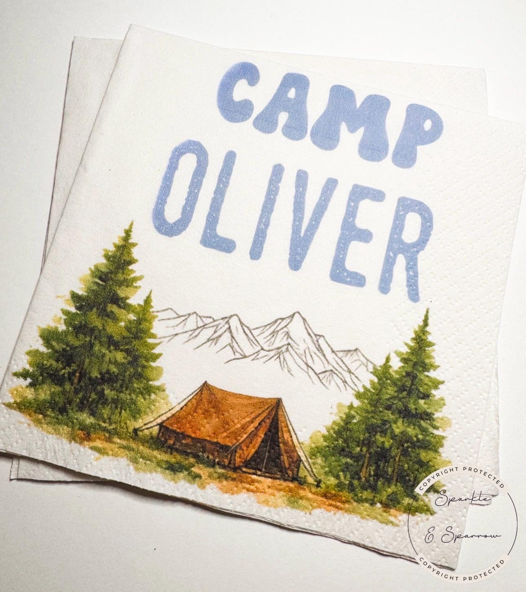 Camp Birthday Camping Birthday Party Summer Camp Birthday Woodland Personalized Birthday Cocktail or Luncheon Napkins, Set of 25