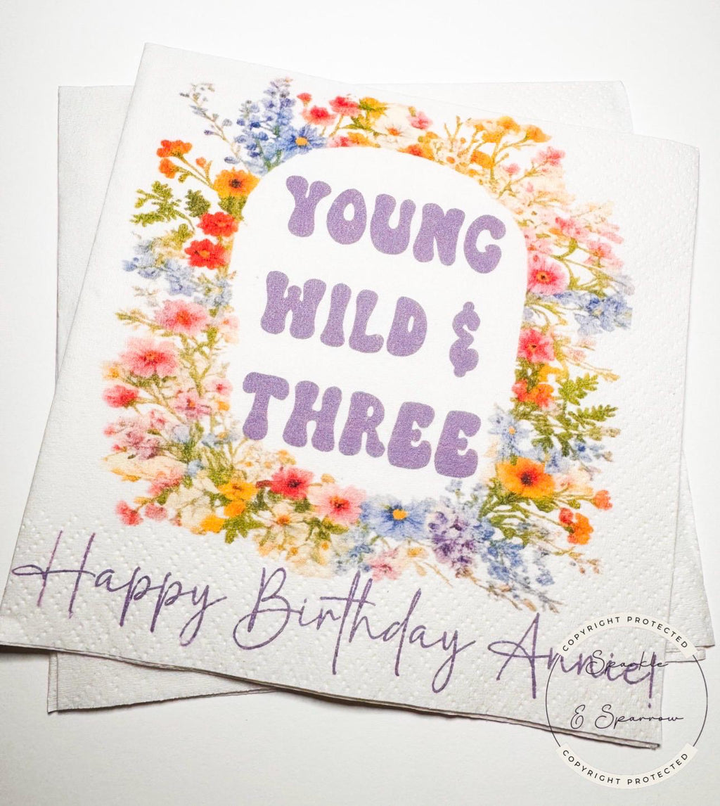Young Wild and Three Wildflower 3rd Birthday Spring Summer Wildflower Floral Personalized Cocktail, Luncheon or Dinner Napkins Set of 25