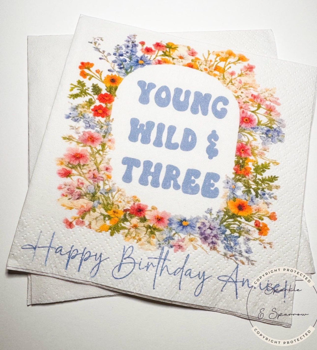 Young Wild and Three Wildflower 3rd Birthday Spring Summer Wildflower Floral Personalized Cocktail, Luncheon or Dinner Napkins Set of 25