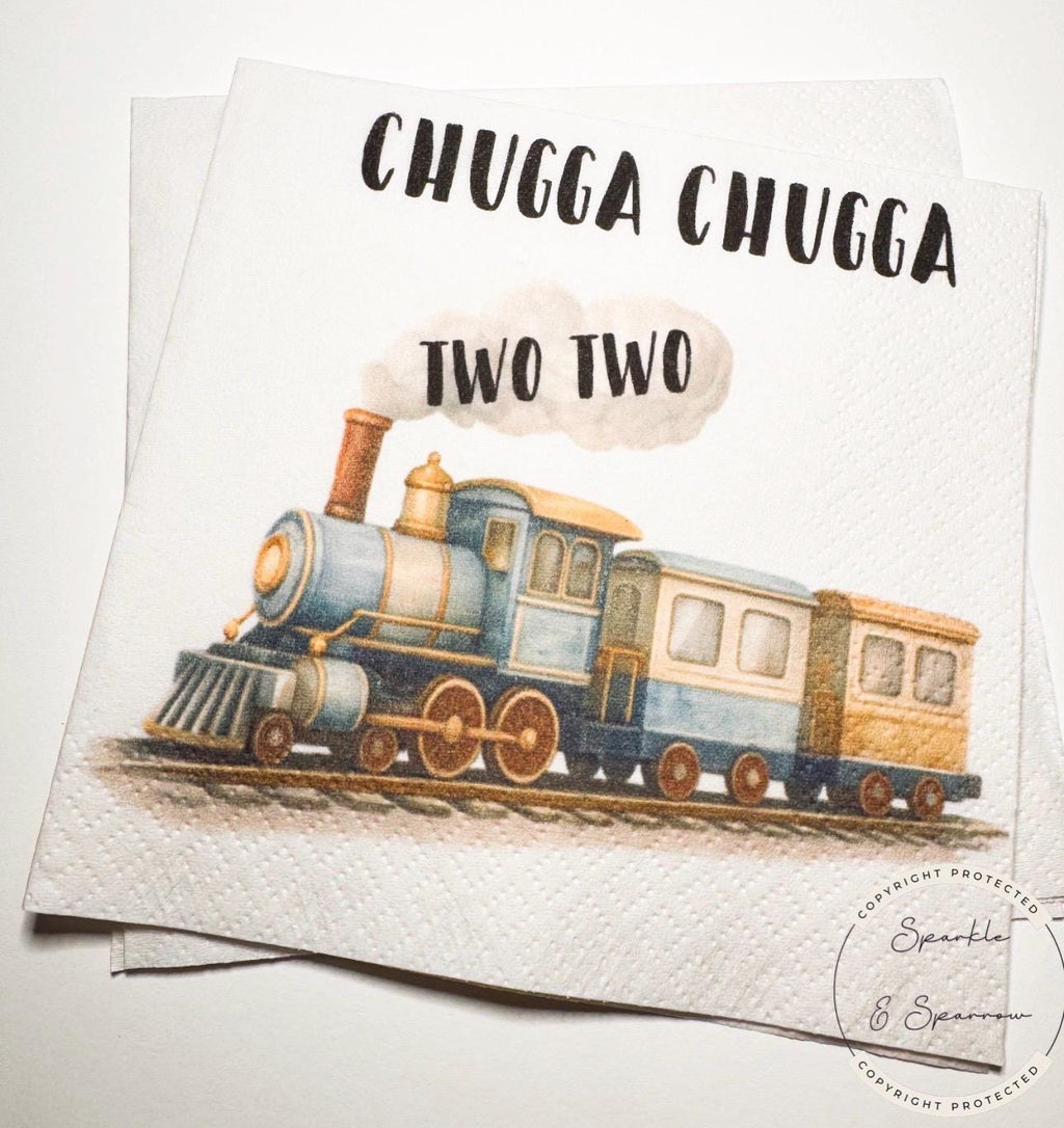 Chugga Chugga Two Two Train 2nd Birthday Train Birthday Party Second Bday Train Theme Cocktail, Luncheon or Dinner Napkins Set of 25