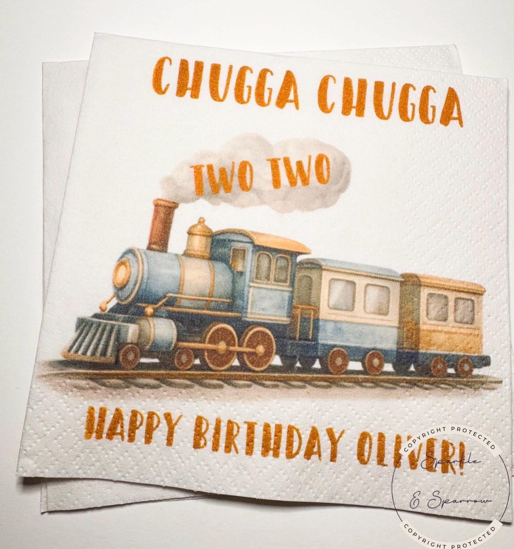 Chugga Chugga Two Two Train 2nd Birthday Train Birthday Party Second Bday Train Personalized Cocktail, Luncheon or Dinner Napkins Set of 25