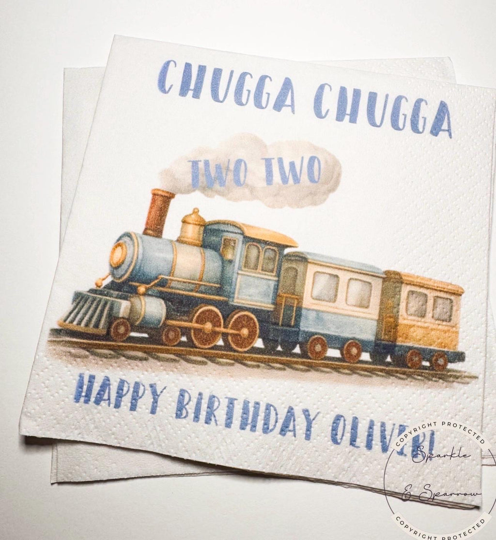 Chugga Chugga Two Two Train 2nd Birthday Train Birthday Party Second Bday Train Personalized Cocktail, Luncheon or Dinner Napkins Set of 25