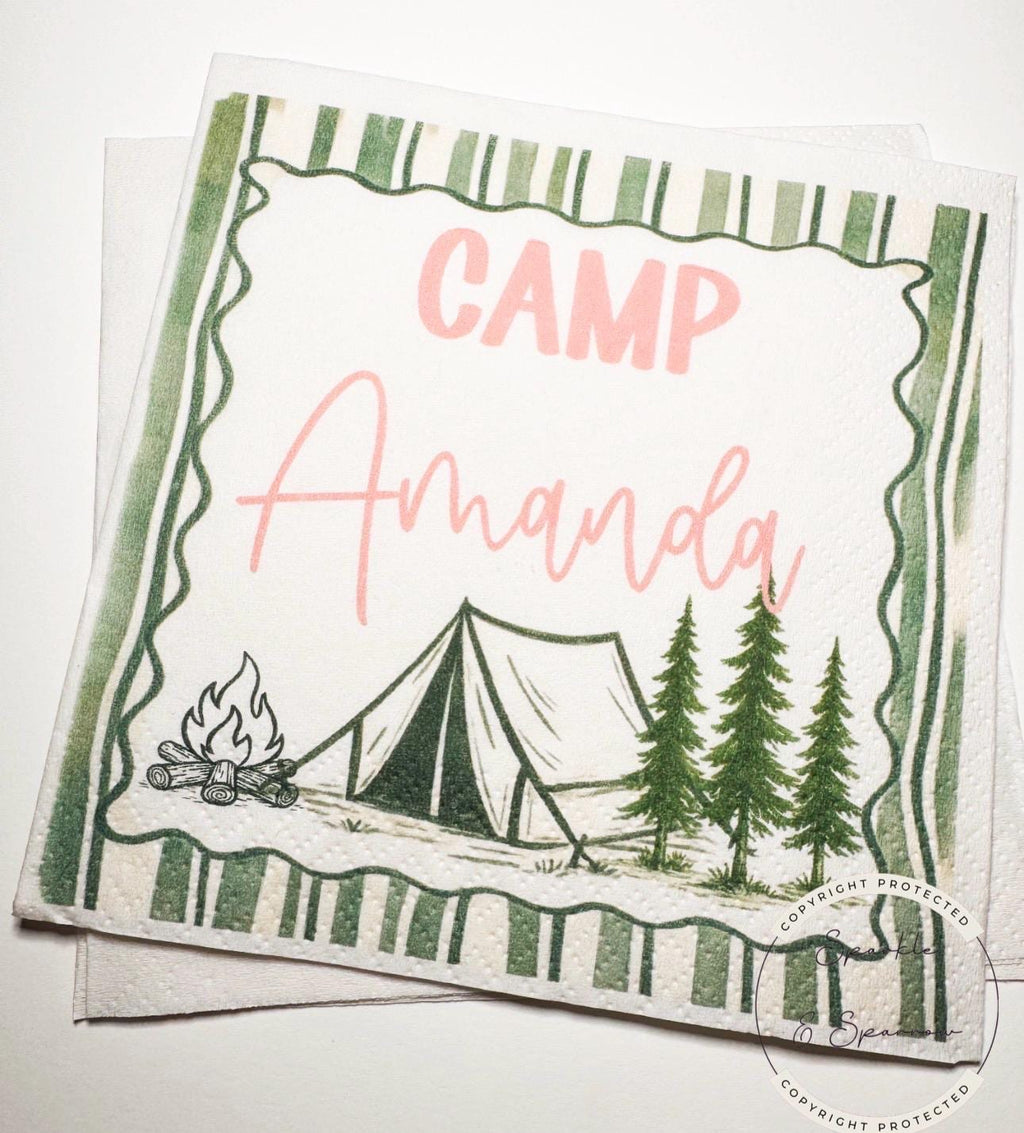 Camp Birthday Camping Birthday Party Summer Camp Birthday Woodland Personalized Birthday Cocktail or Luncheon Napkins, Set of 25