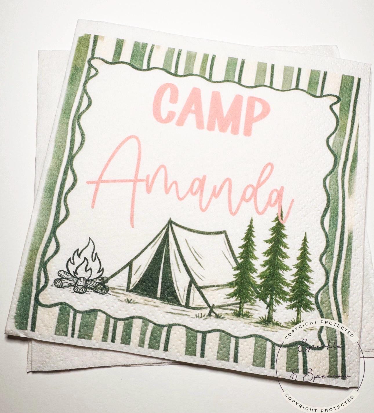 Camp Birthday Camping Birthday Party Summer Camp Birthday Woodland Personalized Birthday Cocktail or Luncheon Napkins, Set of 25