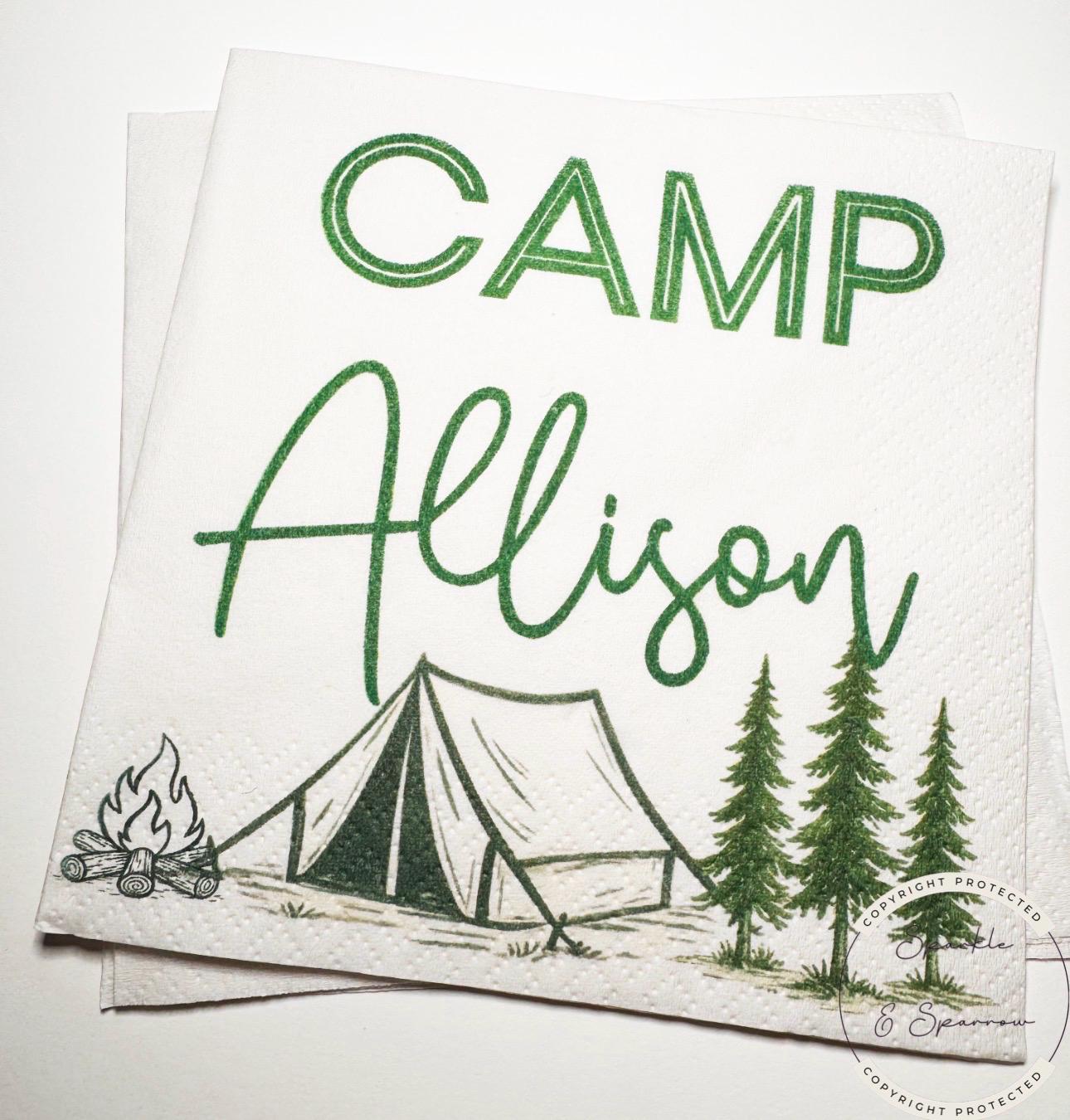 Camp Birthday Camping Birthday Party Summer Camp Birthday Woodland Personalized Birthday Cocktail or Luncheon Napkins, Set of 25