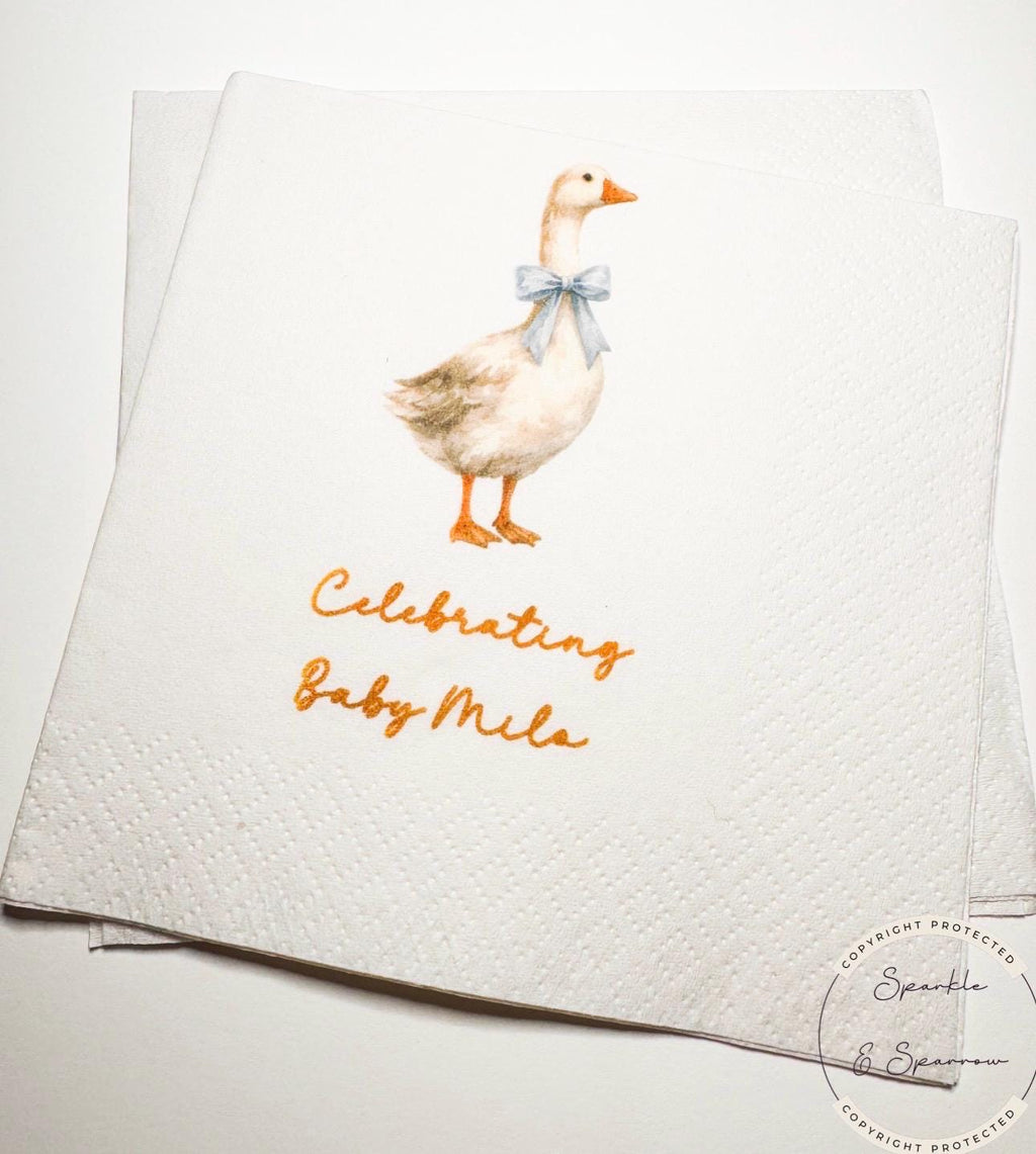 Goose Baby Shower Silly Goose is on the Way Blue Bow Goose Baby Goose Loose Personalized Cocktail, Luncheon or Dinner Napkins Set of 25