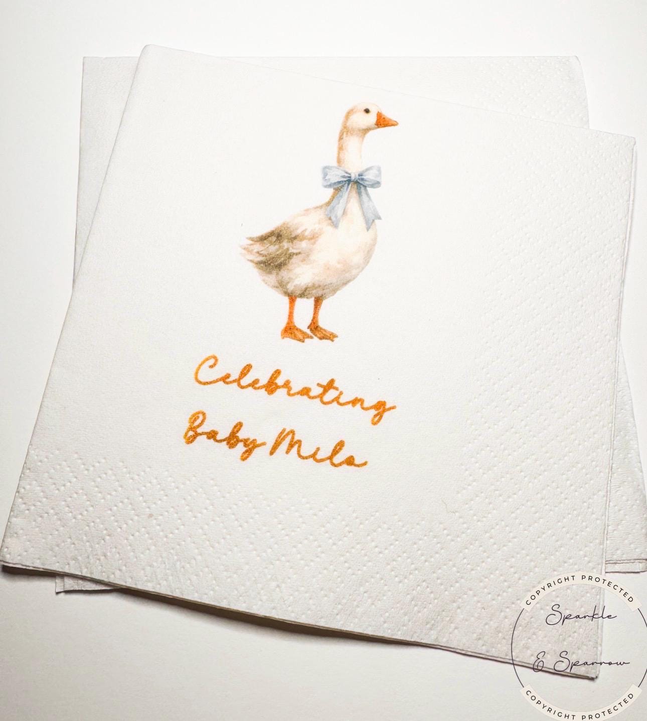 Goose Baby Shower Silly Goose is on the Way Blue Bow Goose Baby Goose Loose Personalized Cocktail, Luncheon or Dinner Napkins Set of 25