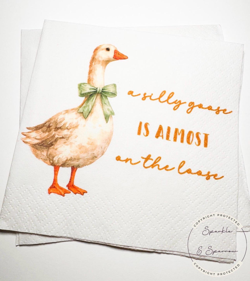 Goose Baby Shower Silly Goose is almost on the Loose Green Bow Goose Neutral Baby Shower Cocktail, Luncheon or Dinner Napkins Set of 25