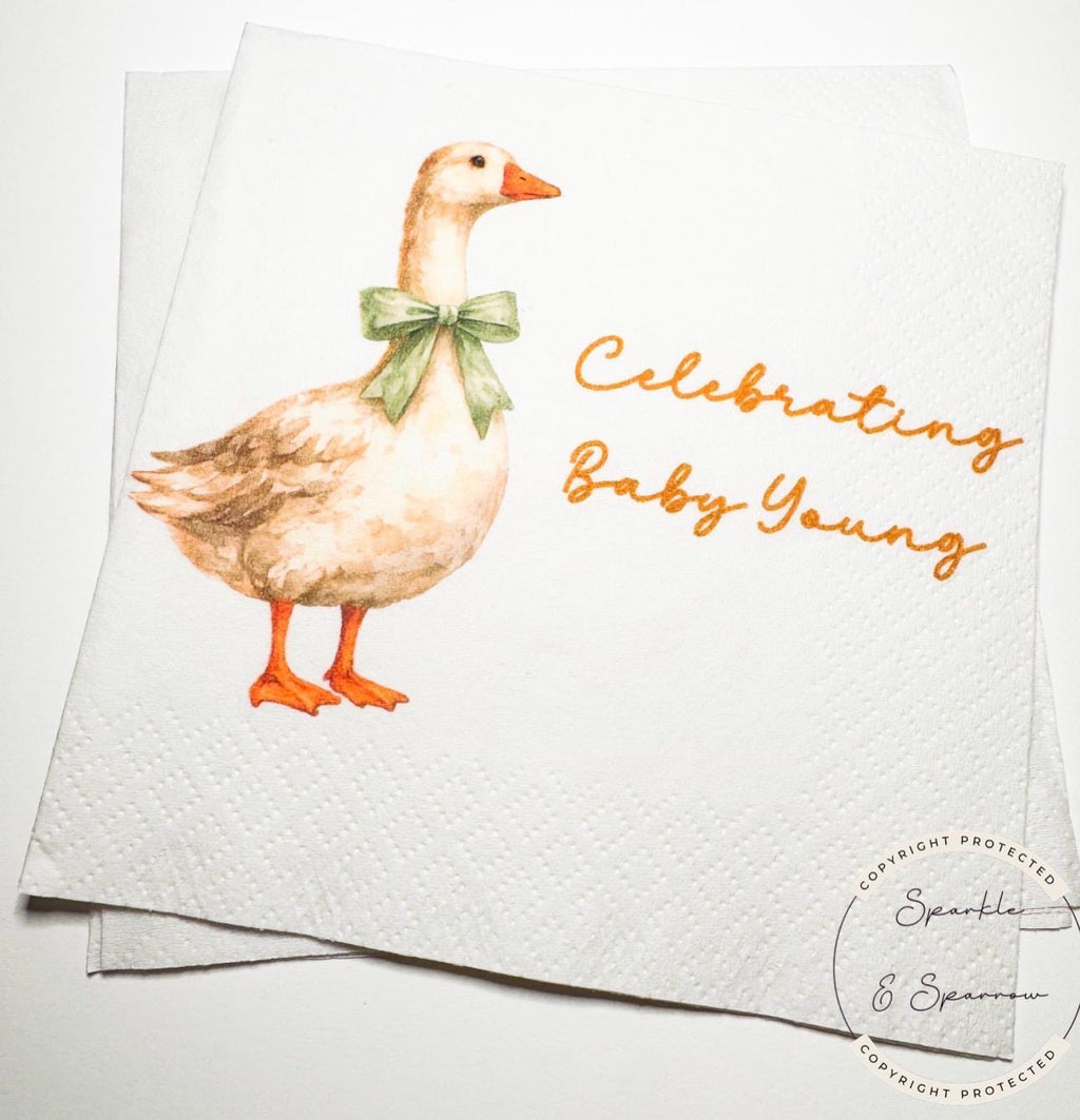 Goose Baby Shower Silly Goose is on the Way Green Bow Goose Baby Goose Loose Personalized Cocktail, Luncheon or Dinner Napkins Set of 25