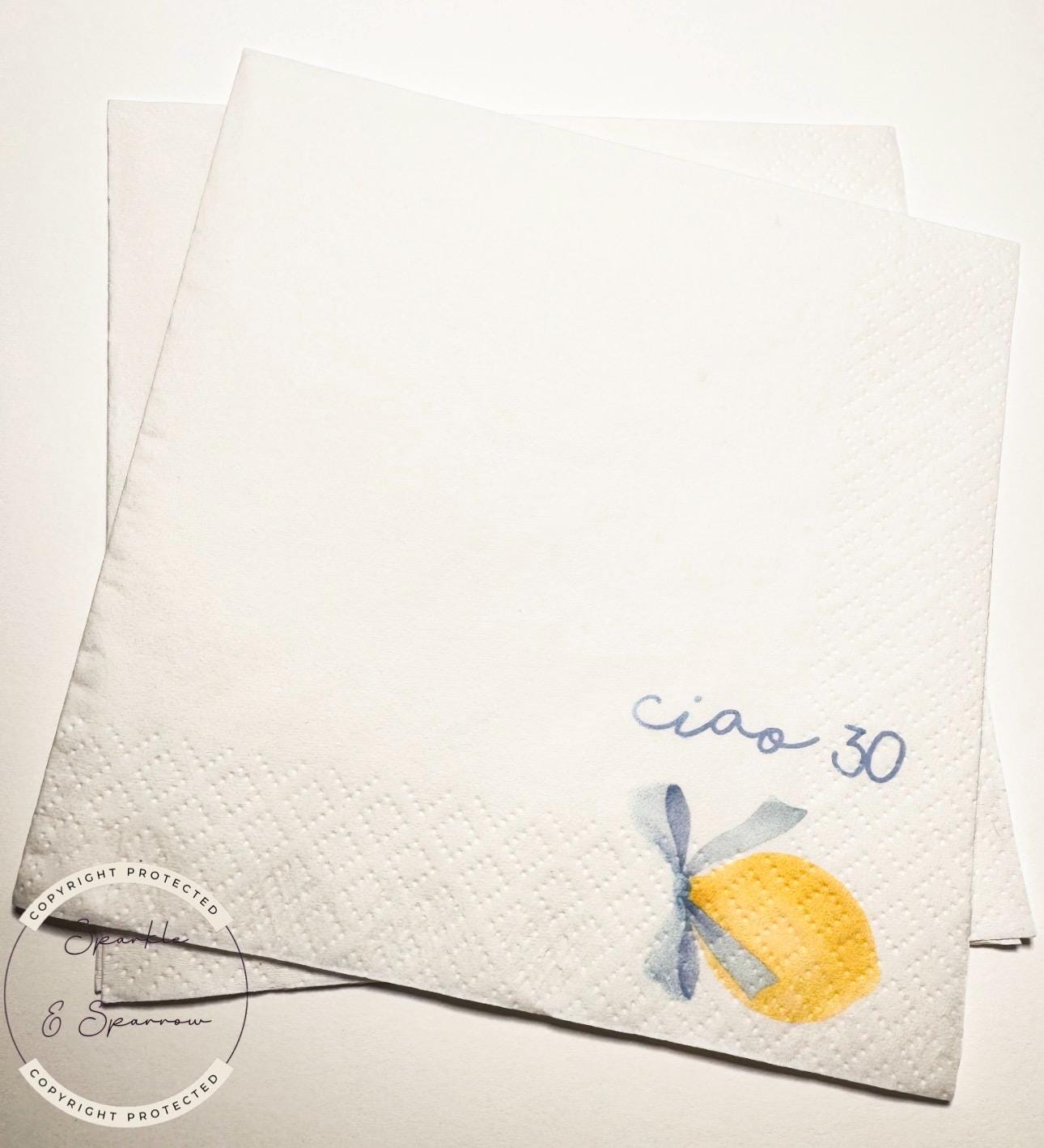 Ciao 30 30th Birthday Italian Ciao Bella Birthday Blue Bow 30th Lemon Birthday Cocktail Party Cocktail, Luncheon or Dinner Napkins Set of 25