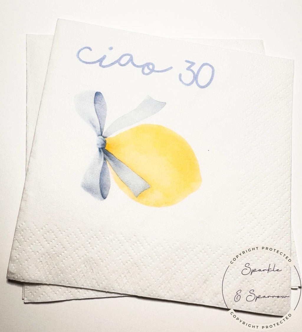 Ciao 30 30th Birthday Italian Ciao Bella Birthday Blue Bow 30th Lemon Birthday Cocktail Party Cocktail, Luncheon or Dinner Napkins Set of 25