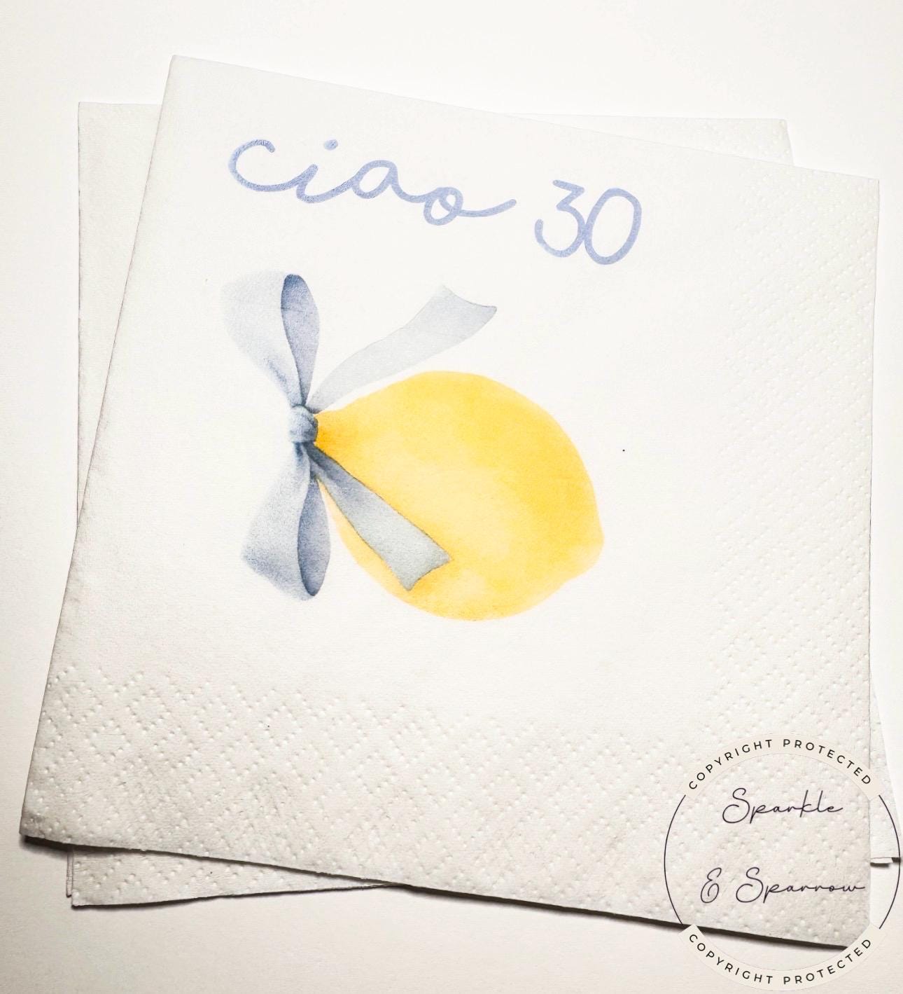 Ciao 30 30th Birthday Italian Ciao Bella Birthday Blue Bow 30th Lemon Birthday Cocktail Party Cocktail, Luncheon or Dinner Napkins Set of 25