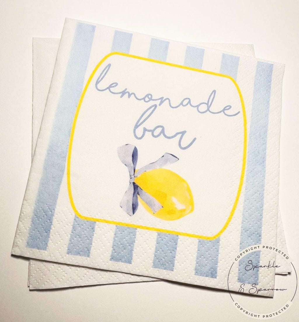 Lemonade Bar Lemon Blue Bow Spring Summer Bridal Baby Shower Amalfi Coast Theme Wedding Cocktail, Luncheon or Dinner Napkins Set of 25