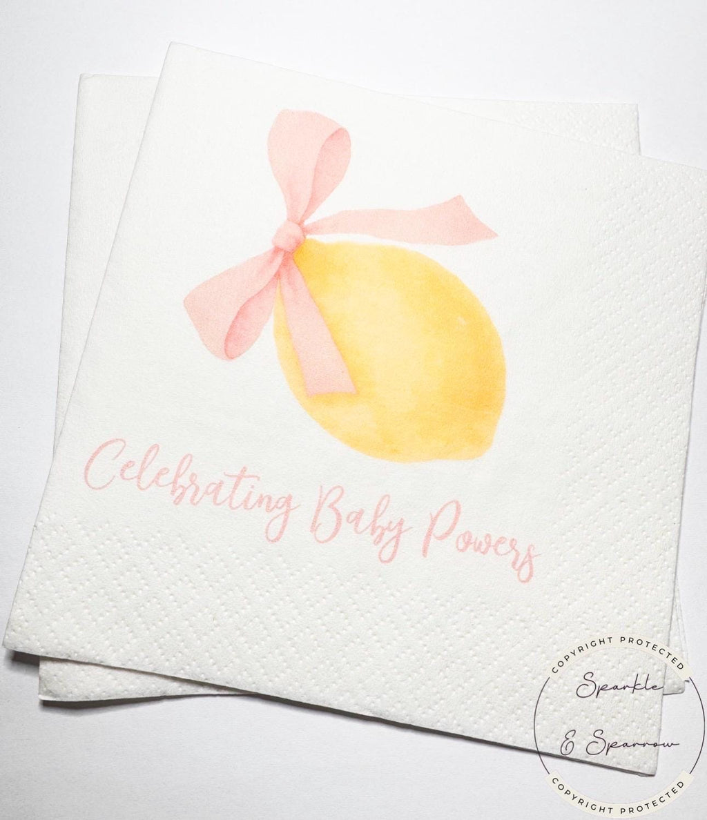 Ciao Baby Lemon Oh Baby Pink Bow Italian Baby Shower Summer Lemon Pink Bow Baby Personalized Cocktail, Luncheon or Dinner Napkins Set of 25