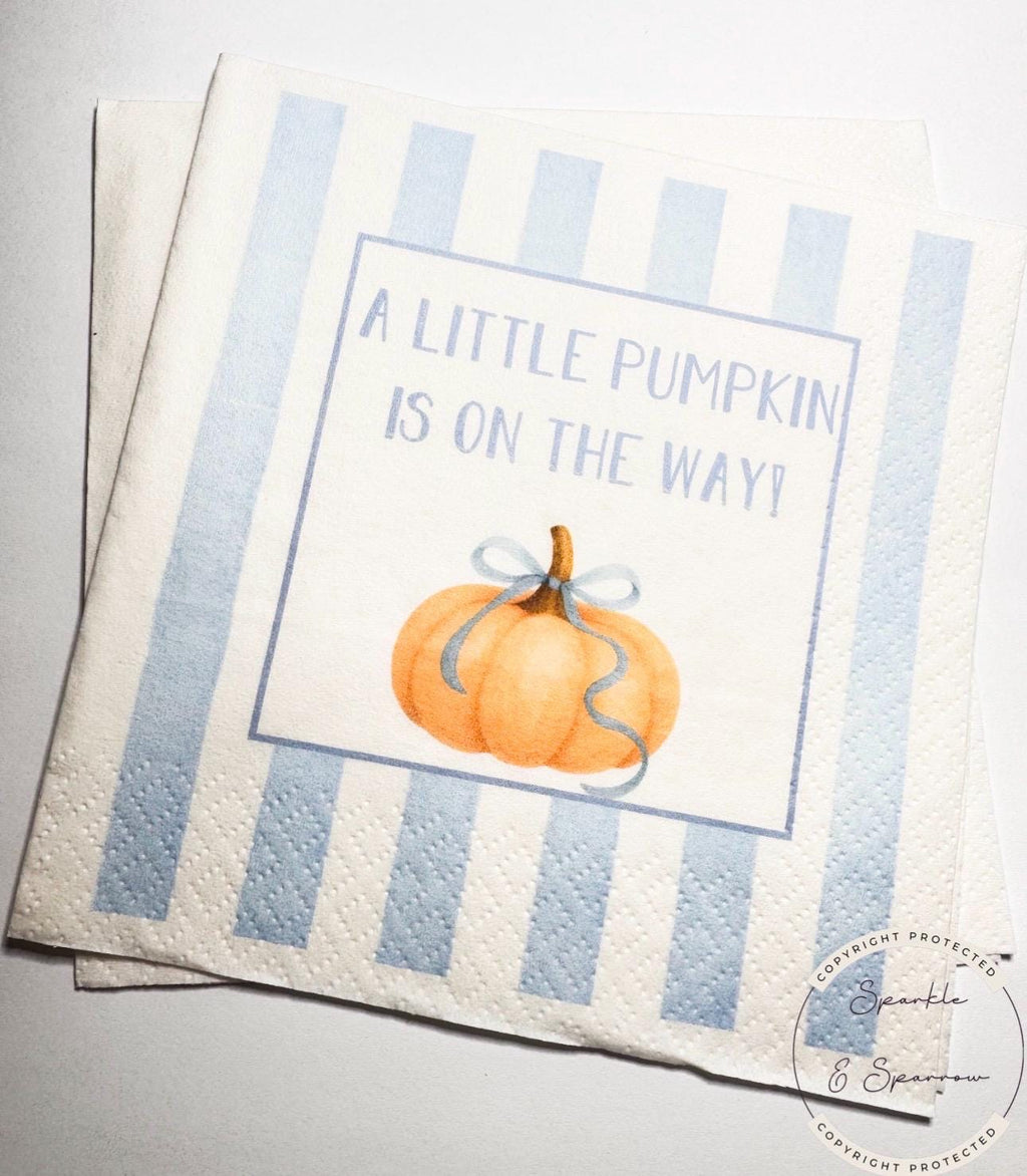 Little Pumpkin on the Way Blue Bow Pumpkin Oh Baby Shower Blue Bow Pumpkin Fall Blue Bow Boy Cocktail, Luncheon or Dinner Napkins Set of 25