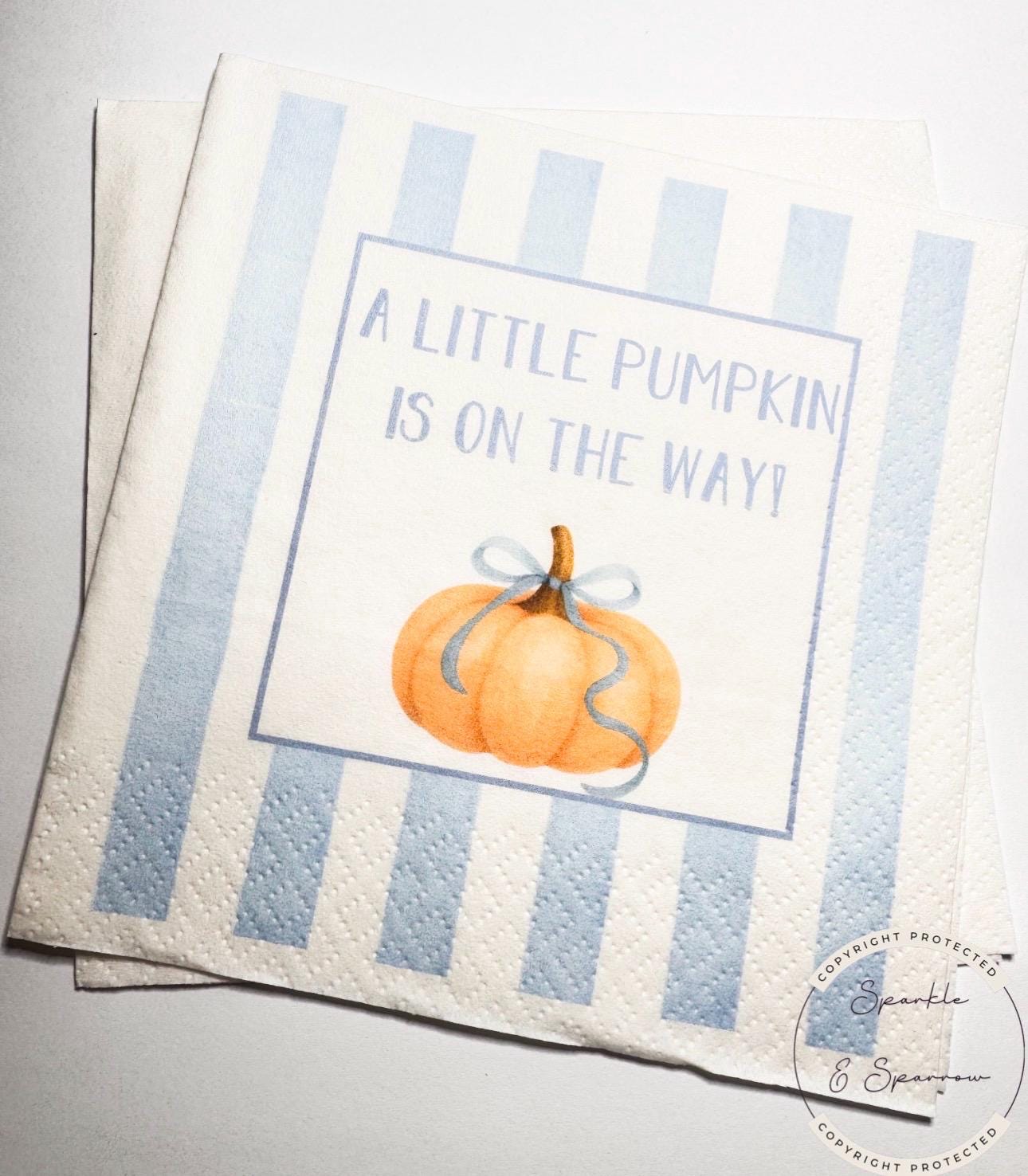 Little Pumpkin on the Way Blue Bow Pumpkin Oh Baby Shower Blue Bow Pumpkin Fall Blue Bow Boy Cocktail, Luncheon or Dinner Napkins Set of 25