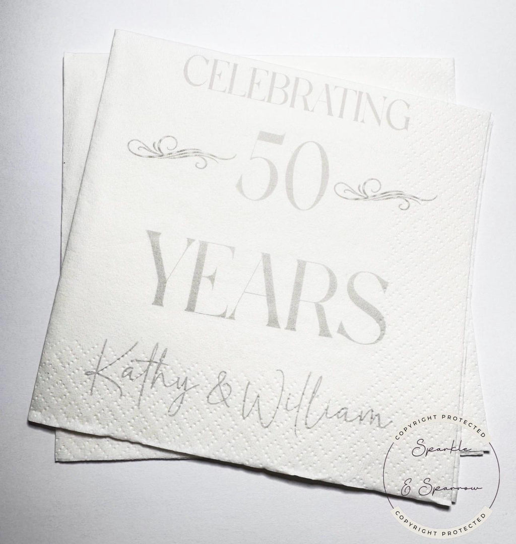 50th Anniversary Cheers to 50 Years Wedding 40th 60th Anniversary Party Personalized Party Cocktail, Luncheon or Dinner Napkins Set of 25