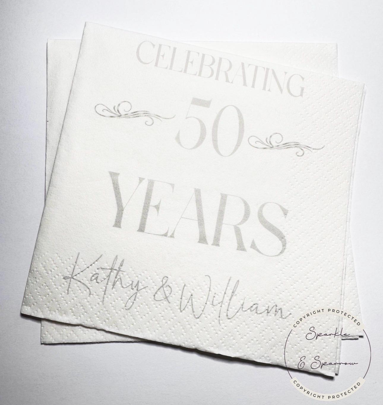 50th Anniversary Cheers to 50 Years Wedding 40th 60th Anniversary Party Personalized Party Cocktail, Luncheon or Dinner Napkins Set of 25