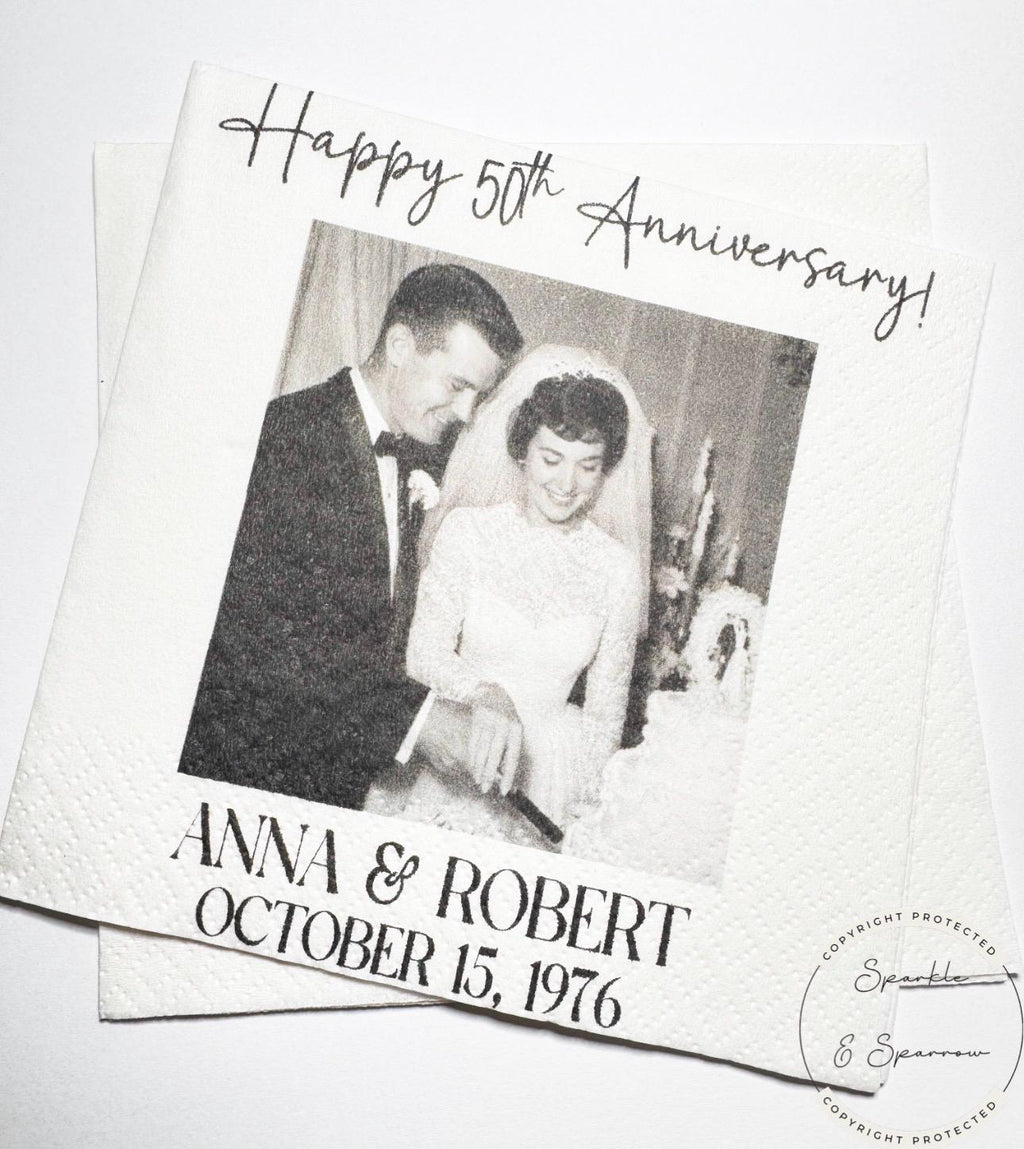 50th Anniversary Cheers to 50 Years Wedding Anniversary Picture Personalized Party Cocktail, Luncheon or Dinner Napkins Set of 25