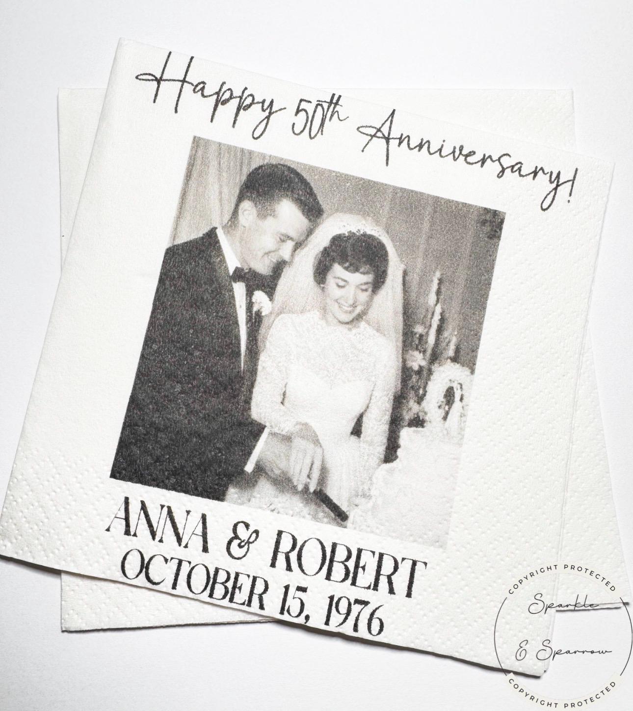 50th Anniversary Cheers to 50 Years Wedding Anniversary Picture Personalized Party Cocktail, Luncheon or Dinner Napkins Set of 25