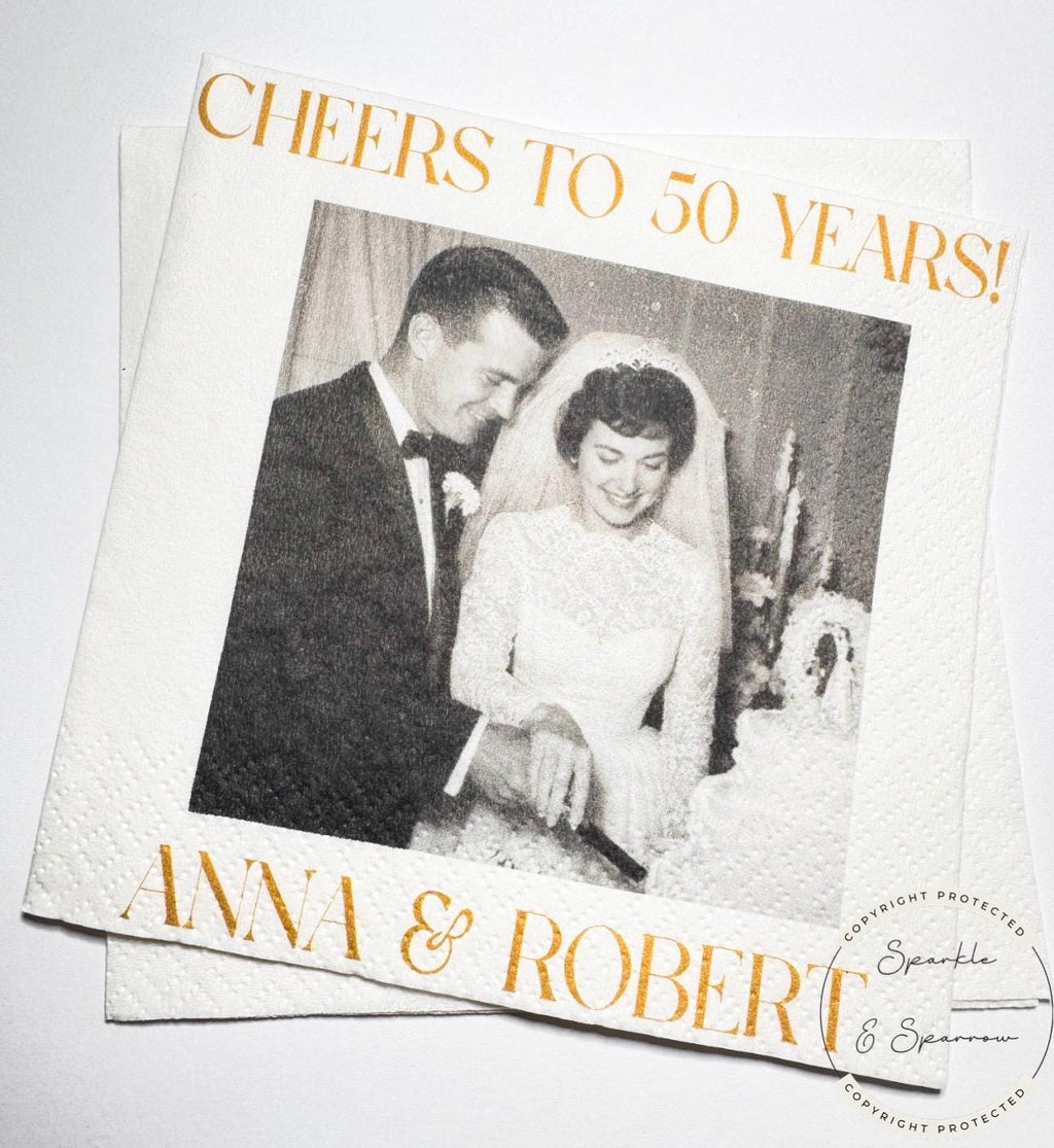 50th Anniversary Cheers to 50 Years Wedding Anniversary Picture Personalized Party Cocktail, Luncheon or Dinner Napkins Set of 25